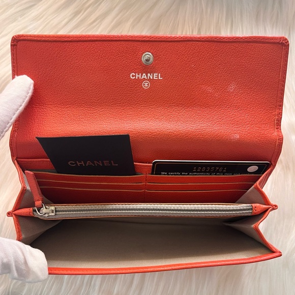 AUTHENTIC CHANEL ORANGE CC CAMELLIA LEATHER LONG WALLET - Picture 7 of 16